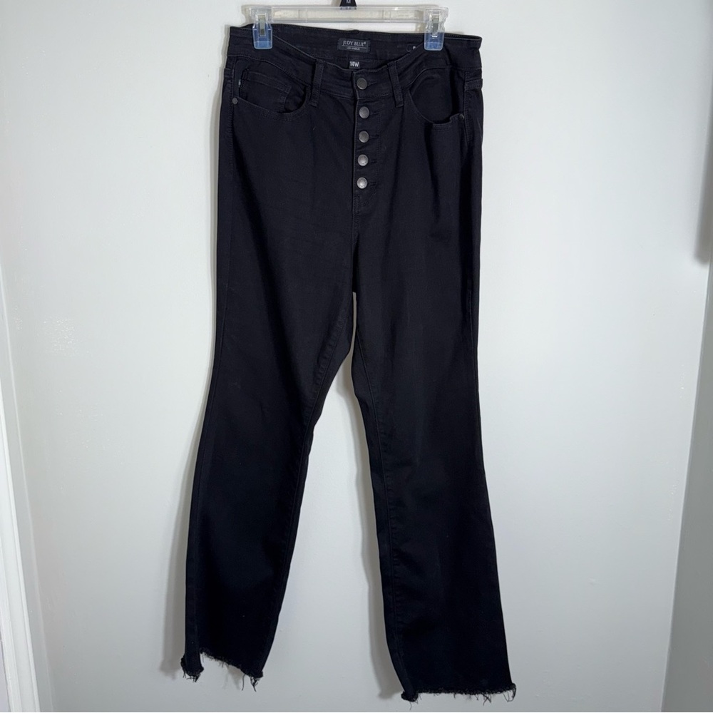 Judy Blue Bootcut Jeans-Black-Raw Hem-Exposed Button Fly-Stretch-Size 14W - Picture 2 of 11
